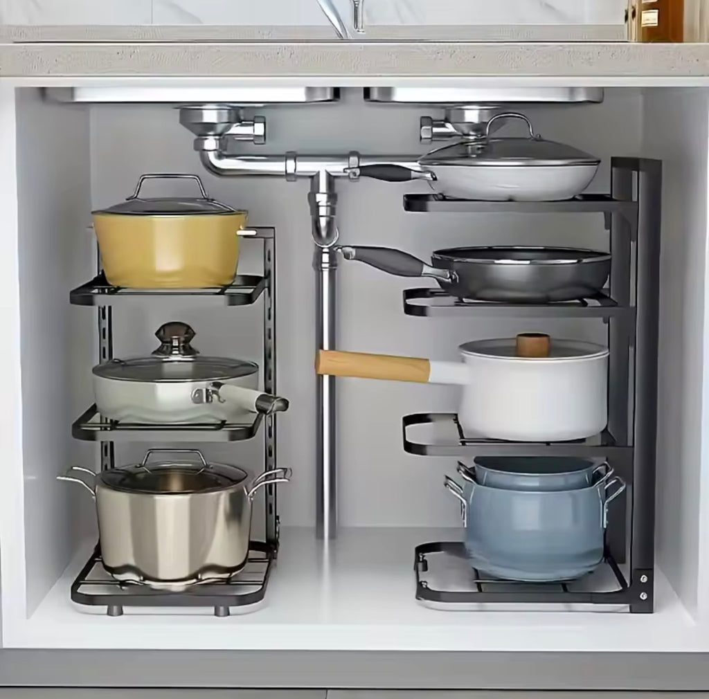 Adjustable Pot Organizer Rack- Kitchen Cabinet Storage- Space Saving