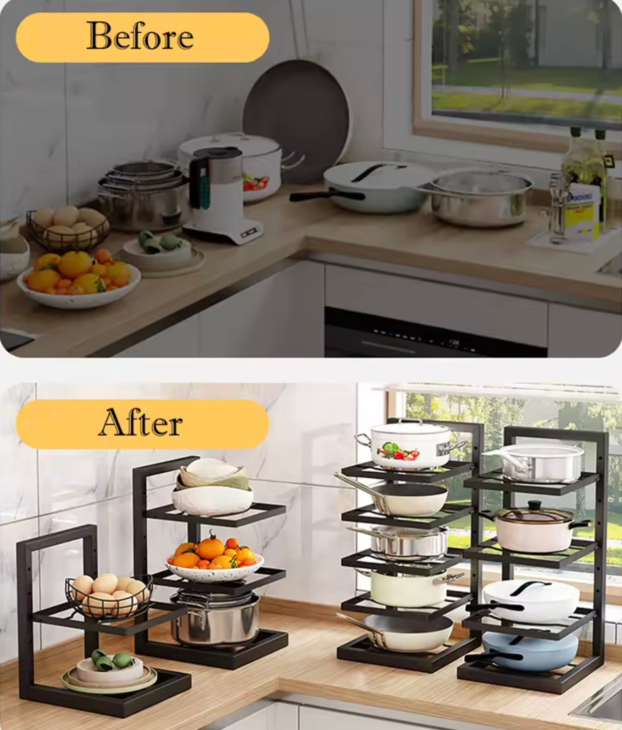 Adjustable Pot Organizer Rack- Kitchen Cabinet Storage- Space Saving